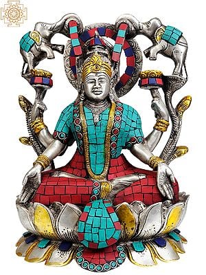 10" Goddess Lakshmi Venerated by Auspicious Elephants (Inlay Statue) In Brass | Handmade | Made In India