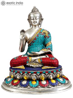 13" Brass Lord Buddha Inlay Statue in Abhaya Mudra | Handmade | Made in India