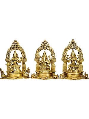 9" Saraswati Ganesha Lakshmi Lamp in Brass | Handmade | Made in India
