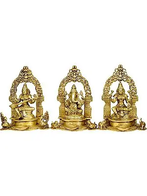 9" Saraswati Ganesha Lakshmi Lamp in Brass | Handmade | Made in India