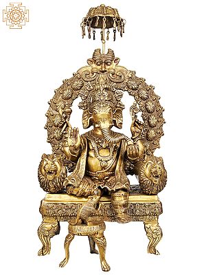34" Large Size Enthroned Ganesha In Brass | Handmade | Made In India