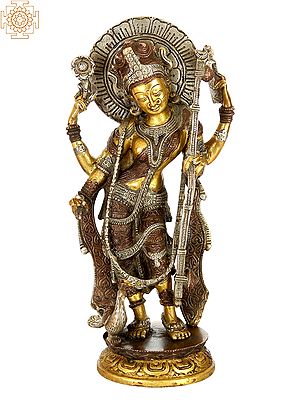 12" Standing Goddess Saraswati Brass Sculpture | Handmade | Made in India