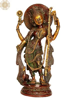 12" Standing Goddess Saraswati Brass Sculpture | Handmade | Made in India