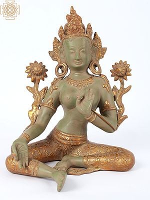 11" Tibetan Buddhist Deity Green Tara In Brass | Handmade | Made In India