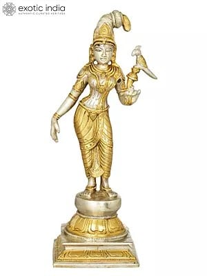12" Brass Devi Andal Statue Holding a Parrot | Handmade | Made in India