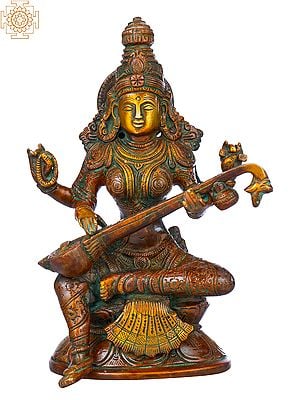 8" Goddess Saraswati Seated on Lotus In Brass | Handmade | Made In India