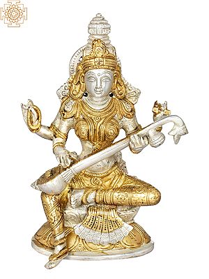 8" Brass Goddess Saraswati Idol Seated on Lotus | Handmade | Made in India