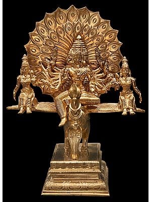9" Karttikeya With His Two Consorts Seated On His Mount Peacock | Handmade | Madhuchista Vidhana (Lost-Wax) | Panchaloha Bronze from Swamimalai