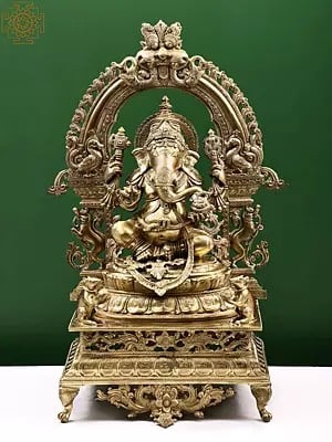 29" The Splendour Of Lord Ganesha, Seated Under A Kirtimukha Aureole | Handmade