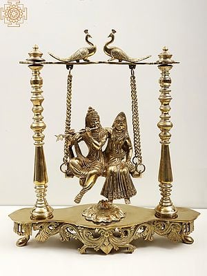 15" Radha Krishna on a Swing With Two Attached Lamps and Peacocks Perched on Swing In Brass | Handmade