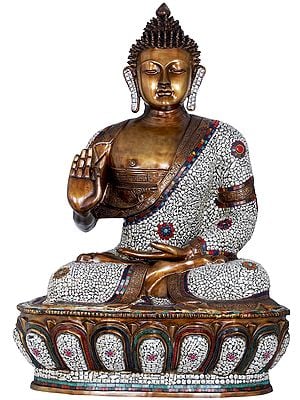 45" Large Inlay Brass Buddha Statue Seated on Lotus | Handmade | Made In India