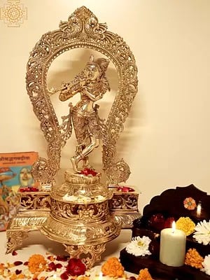 31" Murli Krishna on an Elaborate Pedestal with Impressive Peacock Prabhawali In Brass | Handmade | Made In India