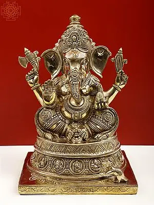 13" Blessing Ganesha Seated on Base Carved with His Figures (Fine Quality) In Brass | Handmade | Made In India