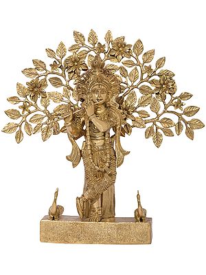 16" Superfine Krishna in Tribhanga Fluting Under the Magnificent Tree in Brass | Handmade | Made In India