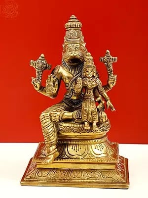 7" Lord Narasimha with Goddess Lakshmi Sitting on Pedestal