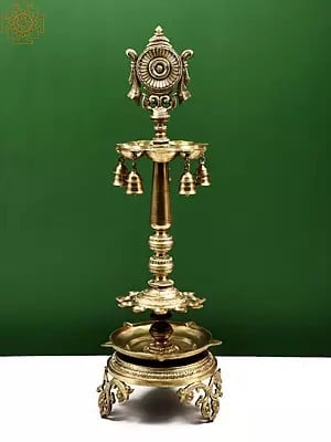 30" Vaishnava Symbol (Chakra) Multi Wick Lamp with Bells - Hoysala Art | Handmade | Made In South India