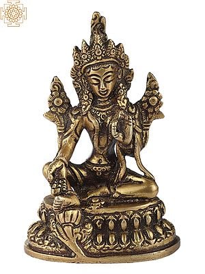4" Tibetan Buddhist Deity Small Size Goddess Green Tara In Brass | Handmade | Made In India