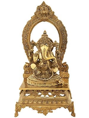 21" Lord Ganesha with a Traditional Prabhavali as the Backdrop In Brass | Handmade | Made In India