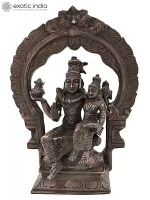 10" Brass Lord Shiva with Parvati Idol Seated on Kirtimukha Prabhawali Throne | Handmade | Made in India