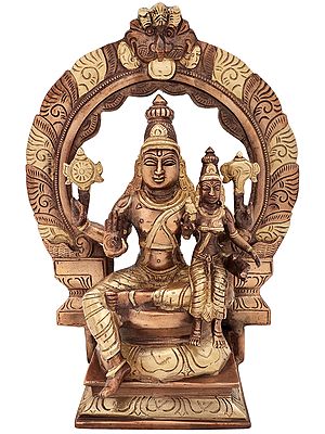 12" Lord Vishnu with Lakshmi Seated On Kirtimukha Prabhawali Throne In Brass | Handmade | Made In India