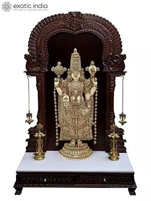 Super Large Tirupati Balaji in Wooden Frame Stand with Vaishnav Symbol Lamp