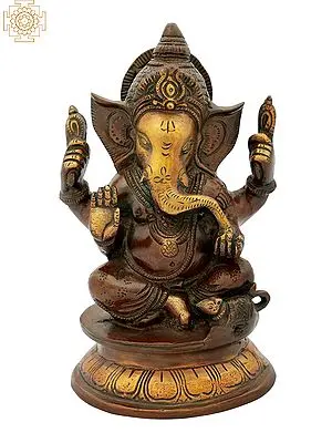 7" Blessing Ganesha Seated on Pedestal In Brass | Handmade | Made In India