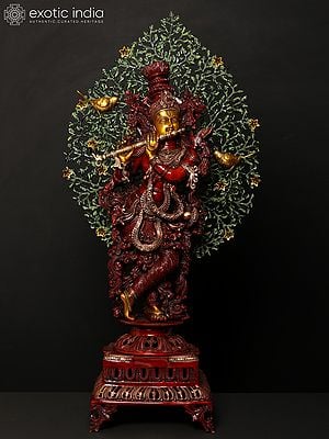37" Tribhanga Murari (Krishna) Breathing Life Into A Gorgeous Canopy In Brass | Handmade | Made In India