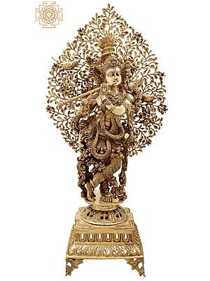 37" Tribhanga Murari (Krishna) Breathing Life Into A Gorgeous Canopy In Brass | Handmade | Made In India