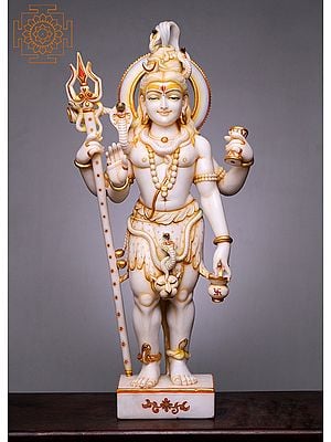 36" Large White Marble Shiva Standing 4 Hand | Handmade | God of Divine Energy Mahadeva Trident Shiva Lord of Devas