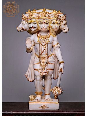 36" Large Panchamukhi Hanuman Statue for Home | Handmade | White Marble Panchmukhi Hanuman Statue