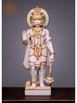 30" Standing Hanuman Statue | Handmade Cultured Marble Blessing Lord Hanuman Idol | Hindu Monkey God of Devotion