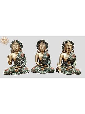 10" Tibetan Buddhist Deities Set of Three Buddhas | Inlay Work | Brass Statue | Handmade | Made In India