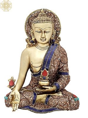 10" Tibetan Buddhist Healing Buddha | Medicine Buddha | Inlay Work | Brass Statue |