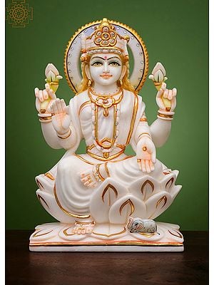 12" Devi Lakshmi Seated on Lotus | Handmade | White Marble Lakshmi Statue | Goddess of Money | Lakshmi For Pooja Room