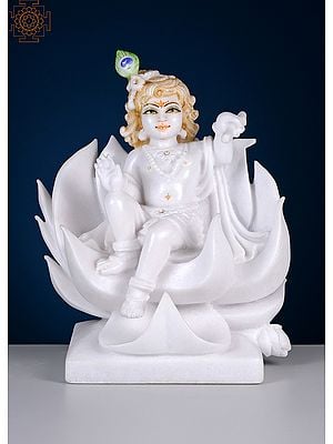 12" Krishna Sitting on Lotus | Handmade | White Marble Krishna | Lord Krishana Idol | Kanha Murty