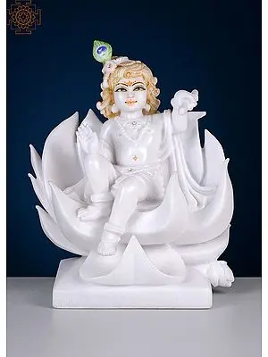 12" Krishna Sitting on Lotus | Handmade | White Marble Krishna | Lord Krishana Idol | Kanha Murty