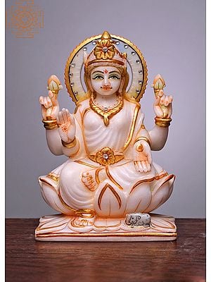7" Devi Lakshmi Seated on Lotus | Handmade | White Marble Lakshmi Statue | Goddess of Money | Best For Diwali Puja and Religious Pooja Statue