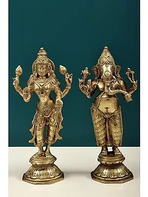 10" Standing Lord Ganesha and Goddess Lakshmi | Brass Ganesh and Lakshmi | Brass Statue | Handmade | Made In India