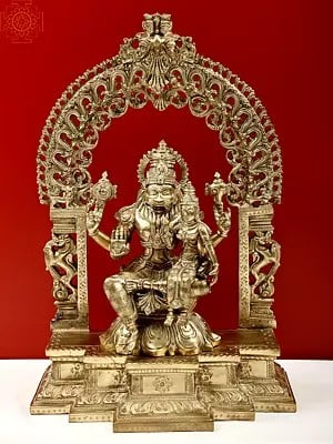 18" Lord Narasimha Bronze Statue with Goddess Lakshmi - Hoysala Art