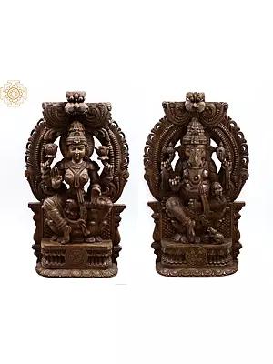 Divine Wooden Sculpture: Goddess Lakshmi and Lord Ganesha Duo