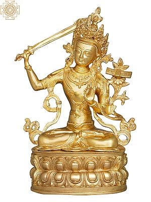 14" Manjushri - Tibetan Buddhist Deity Upholder of the Double-Edged Sword In Brass | Handmade | Made In India