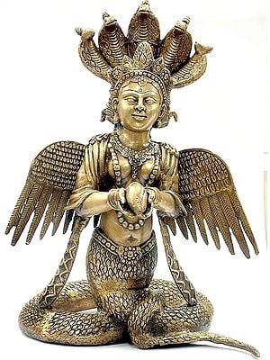 17" Naga-Kanya Brass Statue | Handmade Snake Woman Idol | Made in India