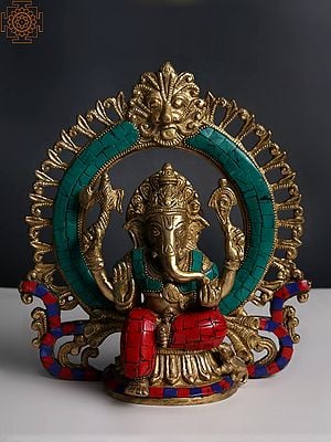 9" Lord Ganesha with Prabhavali and Kirtimukha in Brass | Inlay Work | Handmade | Made In India
