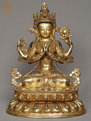 11" Chenrezig Idol from Nepal | Copper Statue with Gold Gilded