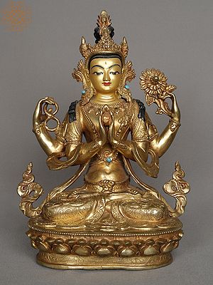 10" Chenrezig Copper Statue with Gold Gilded | Nepalese Copper Idol