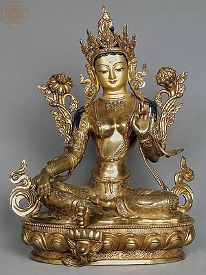 16" Green Tara Idol from Nepal | Copper Statue with Gold