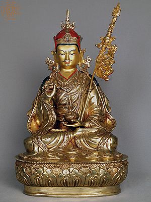 16" Guru Padmasambhava Copper Idol Seated on Ornament Throne | Statue from Nepal