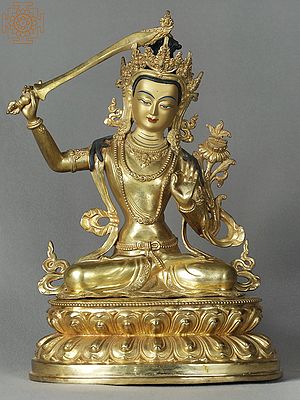 14" Manjushri Copper Statue from Nepal | Buddhist Deity Idols