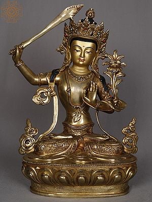 14" Buddhist Deity Manjushri Copper Statue from Nepal | Authentic Nepalese Sculpture
