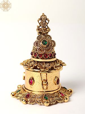Blessing Lakshmi On Sindoor Box With Colorful Stone - Brass